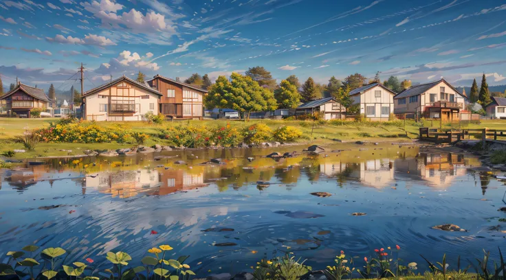 There is a pond，In the background is a small house, Brockhall, author：Tadashige Ono, author：Simon Garn, Photo taken with Sony A7R, countryside in japan, author：John Corvert, author：Yasushi Sugiyama, author：Tadashi Nakayama, author：author：author：by Hiroshi ...