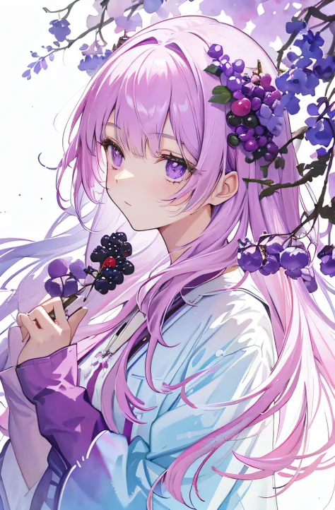 （（fond violet,berries,foliage,Watercolor pattern in calm colors),(Watercolor texture), ((1girll),long whitr hair,adolable),