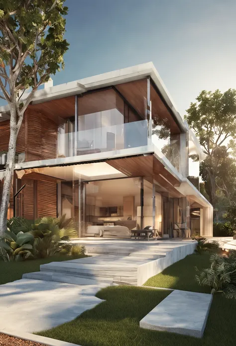 On a horizon of warm colors and clear skies, The vision of a modern home comes to life. The roof of this house is a symphony of gleaming solar panels, capturing the energy of the sun in its luminous dance. Intense sunlight is transformed into clean, eletri...