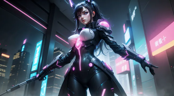 Generate an anime-inspired depiction of a futuristic heroine. Imagine her in a high-tech outfit with luminous accents, set against a backdrop of neon-lit skyscrapers.