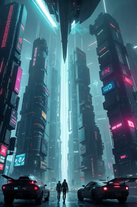 futuristic city with a plane flying over it in the fog, busy cyberpunk metropolis, advanced digital cyberpunk art, wlop. scifi, foggy dystopian world, like a scene from blade runner, cyberpunk metropolis, blade runner vibes, arstation and beeple highly, re...