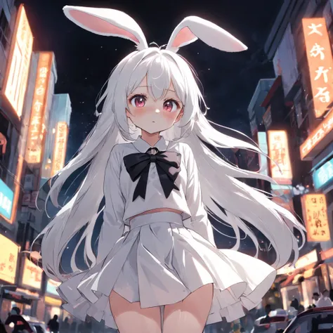 Girl Two rabbit ears White hair Bow White skirt White top looked at me with a shy expression