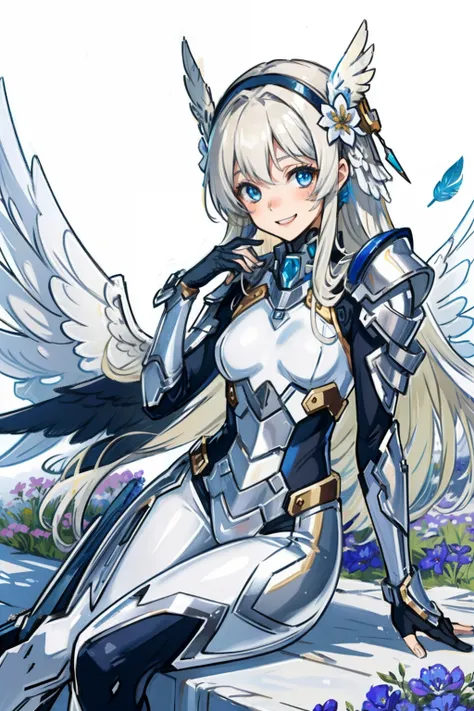 (​master piece, Best Quality),  Intricate details, valkyrie, kawaii, cheerful smile, (((Laugh))), Looking at Viewer, Feather Headgear, Flower meadow, Sitting, flat breast, White Balance, hand up, 15yo,
1 girl in, Solo, Portrait, Long Plutinum Blonde Hair, ...