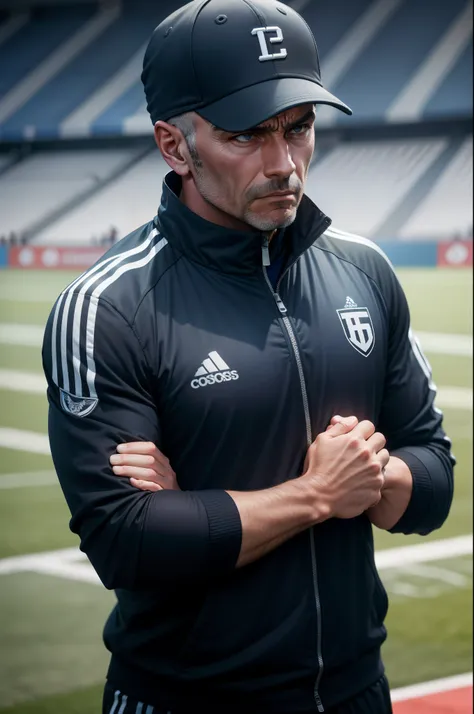 A soccer coach with a soccer jacket and a cap in the head, he is with the armas crossed thinking and looking to the field