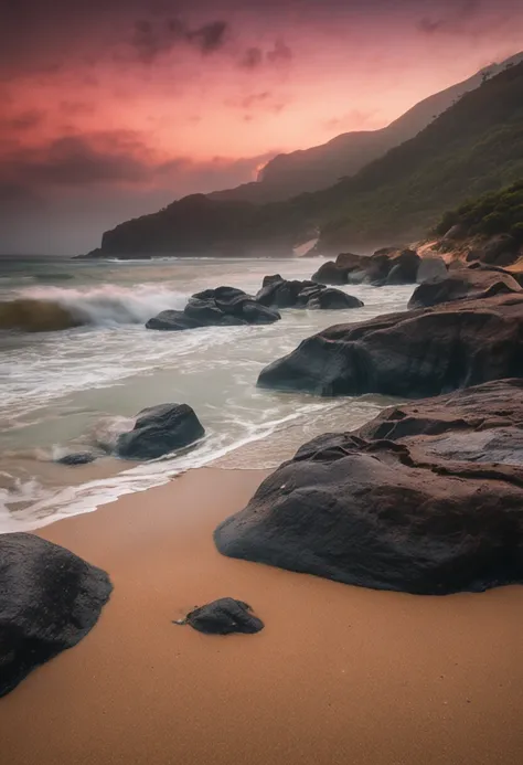 crie um cenaro de natureza, praia, mar, ceu, cores vivas, bela paisagem, melhor qualidade, areia da praia, vista do espectador