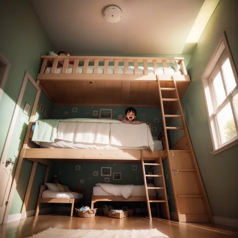 /imagine prompt: Kids bedroom design, A playful sanctuary featuring a wooden bunk bed designed for two, complete with slide-out drawers and steps. The rooms main attraction is a wallpaper adorned with amusing Mr. Bean illustrations, Room layout optimized f...