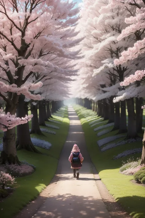 There is a dwarf walking on a path in the forest, blossoming path to heaven, cherry blossom forest, The cherry tree, Peach-colored flower tree, Walking in the garden, lush sakura trees, under a cherry blossom tree, sakura season, in pink forest, spring day...