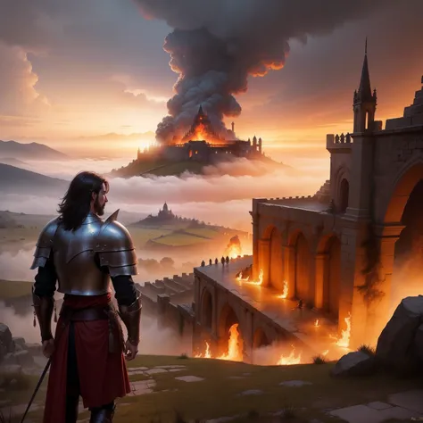 fantasy art of Knights fighting on a misty morning in an ancient city with fire seen from afar, altamente detallada, hacer enfasis en los caballeros