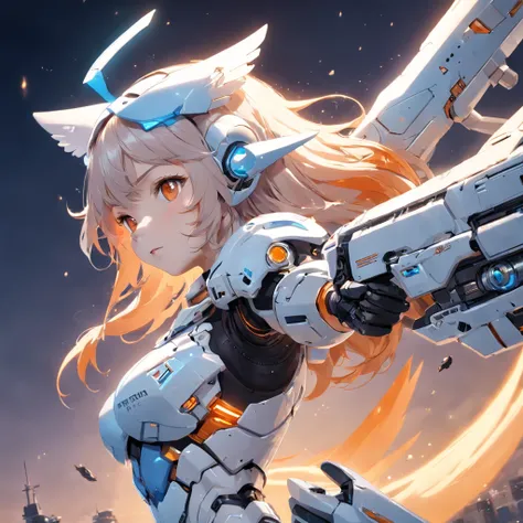 masterpiece, best quality, movie still, 1girl, cloud girl, floating in the sky, close-up, bright, happy, warm soft lighting, sunset, (sparks:0.7)She wears a silver-white light alloy mech,There is an exaggerated V-shaped antenna on the helmet,There are also...