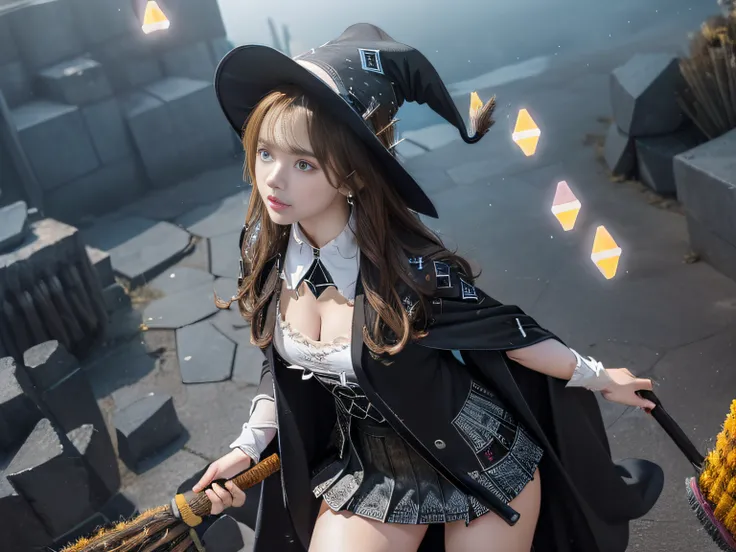 Beautiful fece, Bright photo, Sunshine, 8K, RAW image quality, ​masterpiece, top-quality, (1 girl in), (astonished face), (Wizard hat with black geometric pattern:1.4), (Wizard costume with black geometric pattern:1.4), (a miniskirt), (Pink panties), cleav...