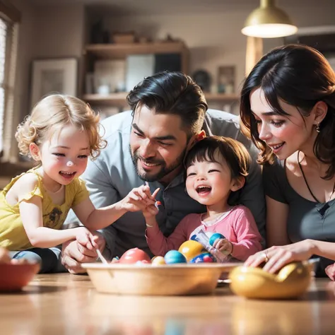 a modern inclusive family having fun together doing indoor activities, award winng photography capturing moments in life, hyper realistic, ultra detailed, cinematic lighting, sharp focus, depth of field, 4k, happy memories, no text, wide shot, 70s family a...