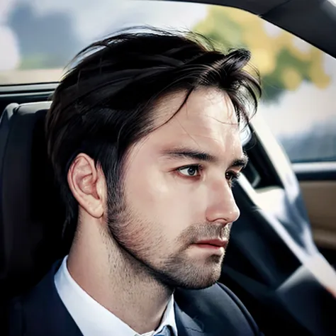 there is a man sitting in a car with a tie on, good looking face, taken in the early 2020s, really good looking face!!, 30 year ...