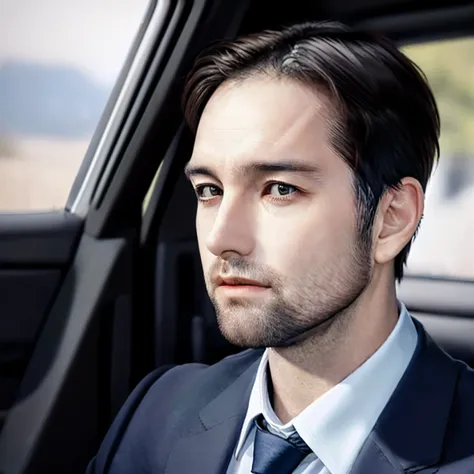 there is a man sitting in a car with a tie on, good looking face, taken in the early 2020s, really good looking face!!, 30 year ...