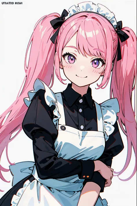 (finely best quality illustration:1.2), (kawaii girl:1.0), (1girl, solo:1.0), (pink hair, twintails:1.0), (maid:1.0), (smile:1.1), (ultra-detailed, highres, 4k:1.0),