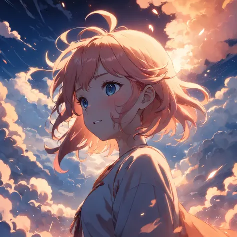 masterpiece, best quality, movie still, 1girl, cloud girl, floating in the sky, close-up, bright, happy, warm soft lighting, sunset, (sparks:0.7)