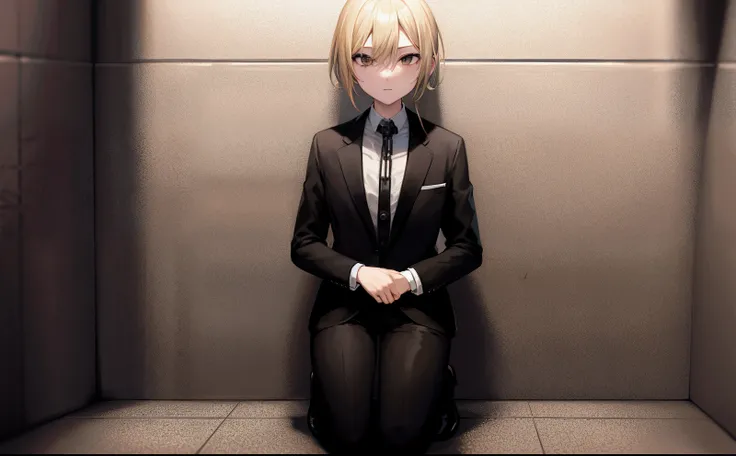 Blonde girl with brown eyes in black suit, she is kneeling and holding cash. She is wearing chains on her neck and she is in the basement