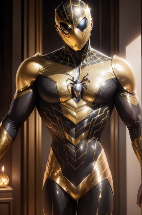 homem aranha com traje dourado , corpo inteiro, realista, 8k, bem detalhado, floresta sombria, noite, lua,