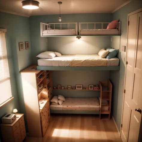 kids bedroom design, bunk bed, hanging light. AC in the room, No kids,