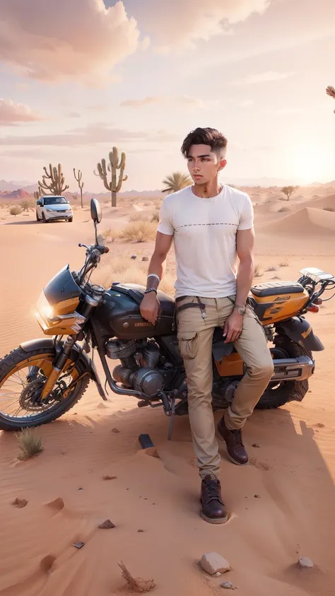 Change background desert handsome boy 8k, ultra realistic face