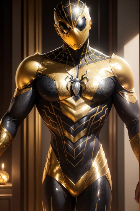 homem aranha com traje dourado , corpo inteiro, realista, 8k, bem detalhado, floresta sombria, noite, lua,