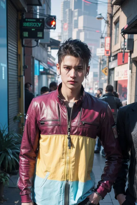 there is a man standing on the sidewalk in a colorful jacket, wearing cyberpunk 2 0 7 7 jacket, wearing cyberpunk streetwear, wearing cyberpunk leather jacket, cyberpunk streetwear, hyper-realistic cyberpunk style, cyberpunk clothes, cyberpunk fashion clot...