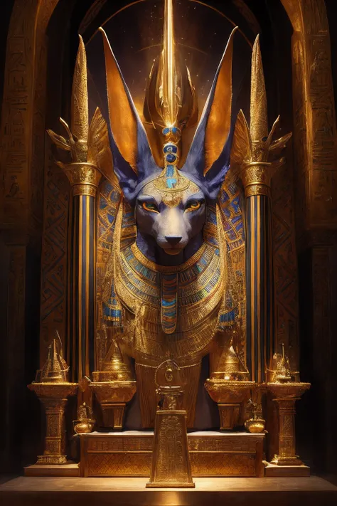 1man, portrait of godanubis in front altar with groups of egyptian, jackal head, swirl of fire, aura, magic, sparks,  magic astral, ornate, details,