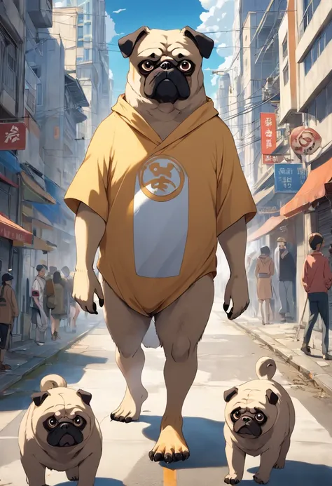 ((FOTO CRU)), ((obra prima)), Anthropomorphic humanoid pug dog dressed, Uma pessoa々Caminhe entre, Intricate details of big feet, Obras do Complexo Griebles, The city behind, corpo grande