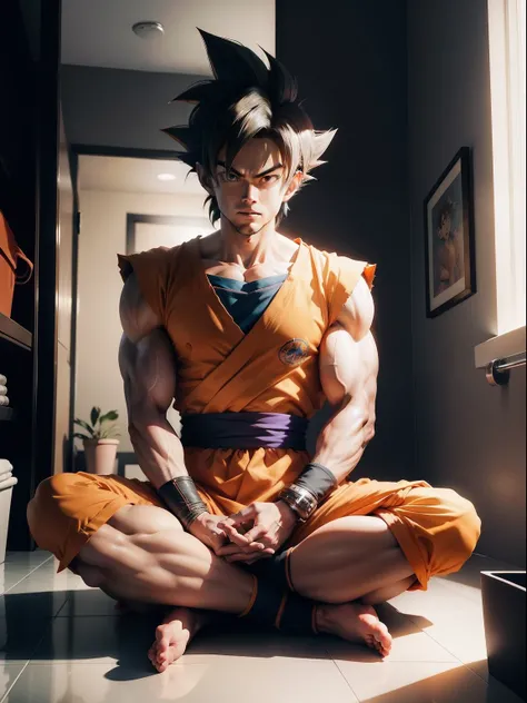 Goku sitting in the bathroom looking straight ahead