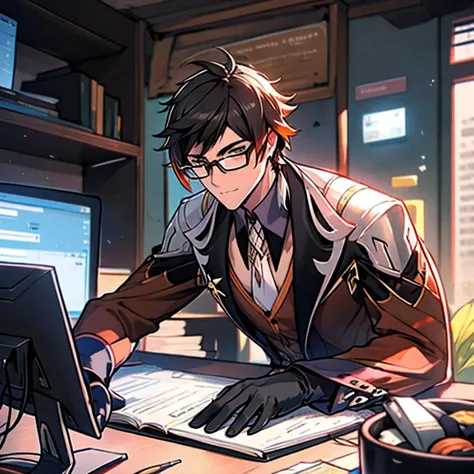 ENTREPRENEUR LOOKING AT THE SCREEN OF HIS COMPUTER, IN SUIT, GLASSES STYLE DRAWING WITH APPEARANCE OF SOME 45 YEARS