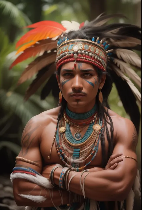 Indian Shaman, pele bronzeada, extremely long black hair mess over bare chests, enorme cocar de penas de papagaio azul de arara,  olhos negros brilhantes, face with indigenous paint in red and blue colors lean and muscular body, corpo inteiro, cabelo preto...