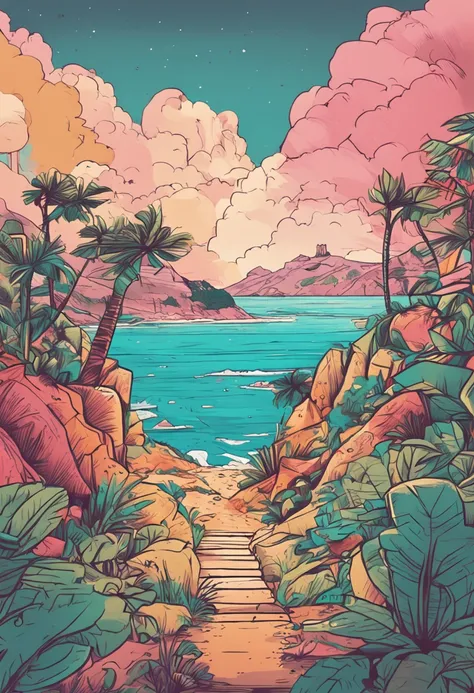 crie um cenaro de natureza, estilo anime, cores chapadas, pintura oleo, vista do espectador, dormitorio feminino, quarto de menina, desordem, clothes on the floor, melhor qualidade, areia da praia, vista do espectador