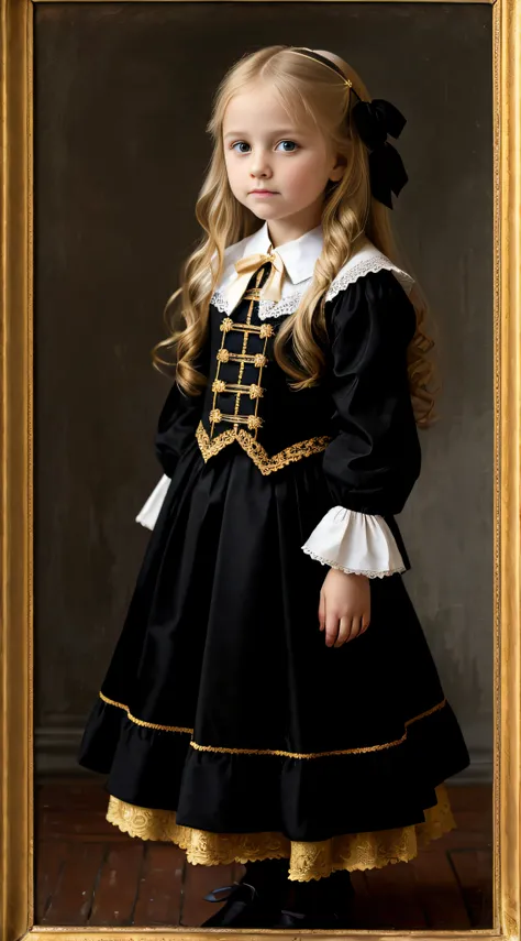 Russian, Girls Children , Portrait , Long blonde hair and bow，Layered skirt，Noble，opulent，cropped shoulders