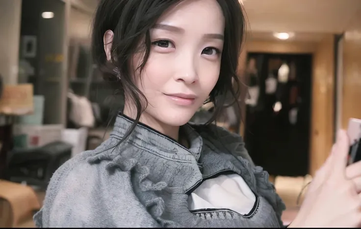 there is a woman with a cell phone in her hand, dilraba dilmurat, wenfei ye, xintong chen, Zhang Wanting, Gemma Chen, Li Zixin, shaxi, lulu chen, Yoshitomo Nara, chengyou liu, xision wu, chiho, Lu Ji, ruan jia beautiful，Naked