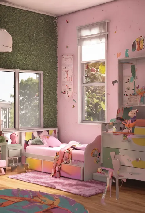 quarto de menina, desordem, roupas de mulher, quarto bem iluminado, desenho animado, estilo anime, raios de sol, melhor qualidade, render profissional