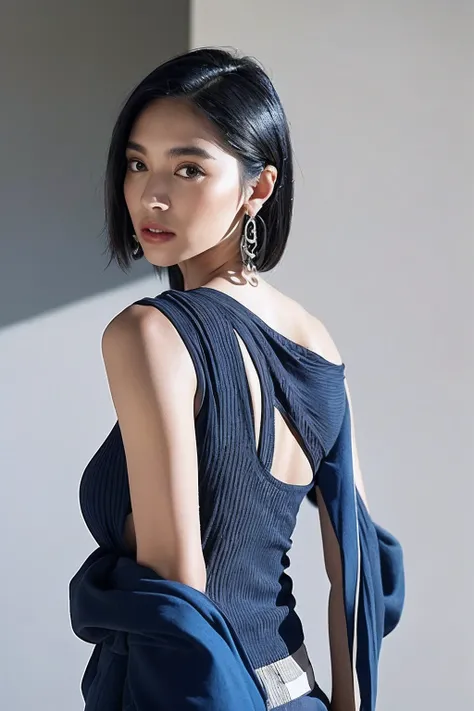 (extra detailed body、extra detailed face、best qualtiy:1.2)、femele、looking at the viewers、(Clothes with a strong contrast of blue and black in a novel design、Large shoulder-length metal earrings、accessorized、)、(Stylish walls in contrasting blue, black and w...