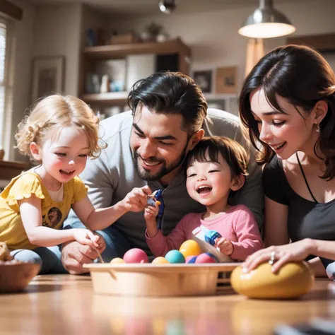 a modern inclusive family having fun together doing indoor activities, award winng photography capturing moments in life, hyper realistic, ultra detailed, cinematic lighting, sharp focus, depth of field, 4k, happy memories, no text, wide shot, 70s family a...