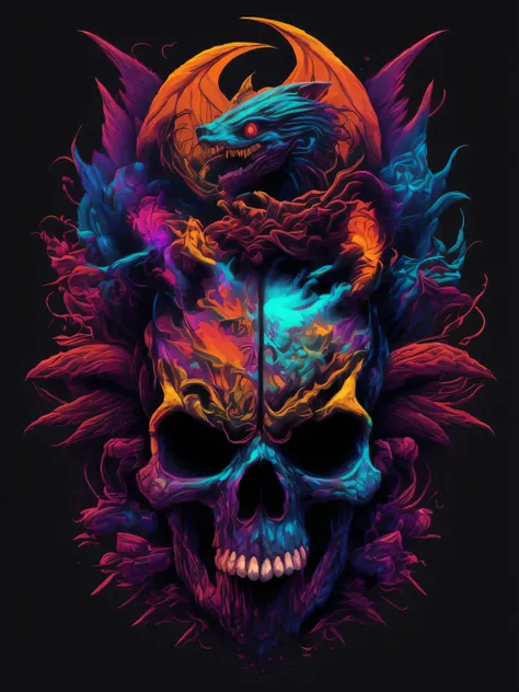 best quality, masterpiece, skull and dragon, purple Blue Red Orange, bright neon colors on a black background, vector art,