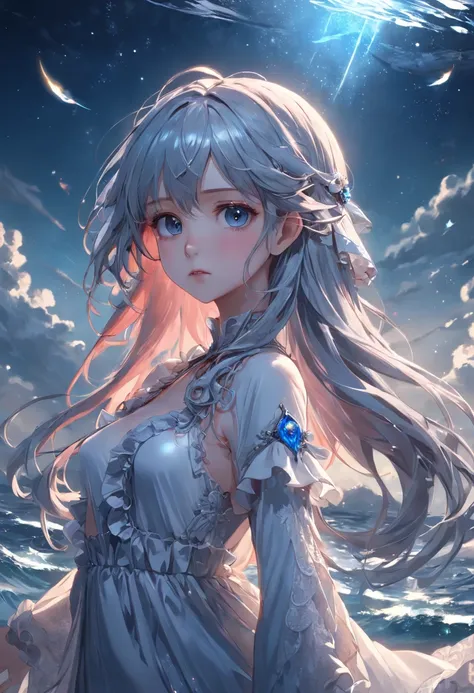 ((masterpiece)), ((best quality)), ((illustration)), extremely detailed,style girl, long shot, small breast,light grey very_long_hair, scifi hair ornaments, beautiful detailed deep eyes, beautiful detailed sky, beautifuldetailed water, cinematic lighting, ...