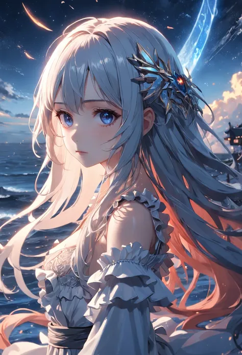 ((masterpiece)), ((best quality)), ((illustration)), extremely detailed,style girl, long shot, small breast,light grey very_long_hair, scifi hair ornaments, beautiful detailed deep eyes, beautiful detailed sky, beautifuldetailed water, cinematic lighting, ...