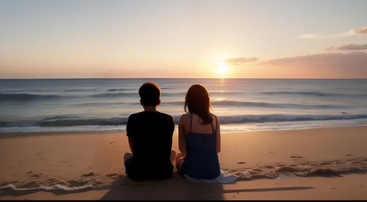 sunset sandy beach two shadows sitting towards the sea