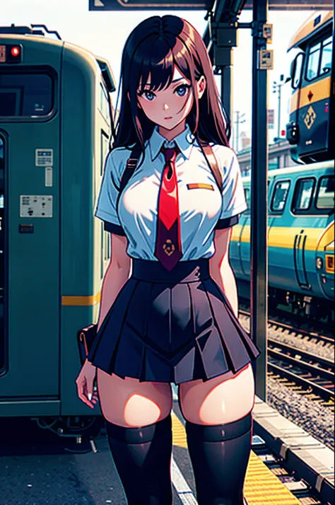 japanese girl, wearing a tight fitting schoolgirl uniform, thigh high stocking, masterpiece, 8k, best quality, in front of a train station