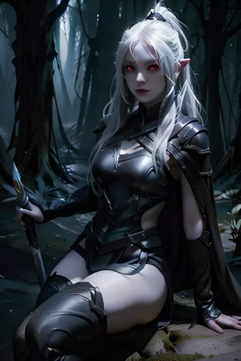 1girl, silver long hair, light red eyes, leather armor, rapier, dark forest, portrait, pointed ears, sharp eyes, better eyes, sitting on a trunk, looking at the camera