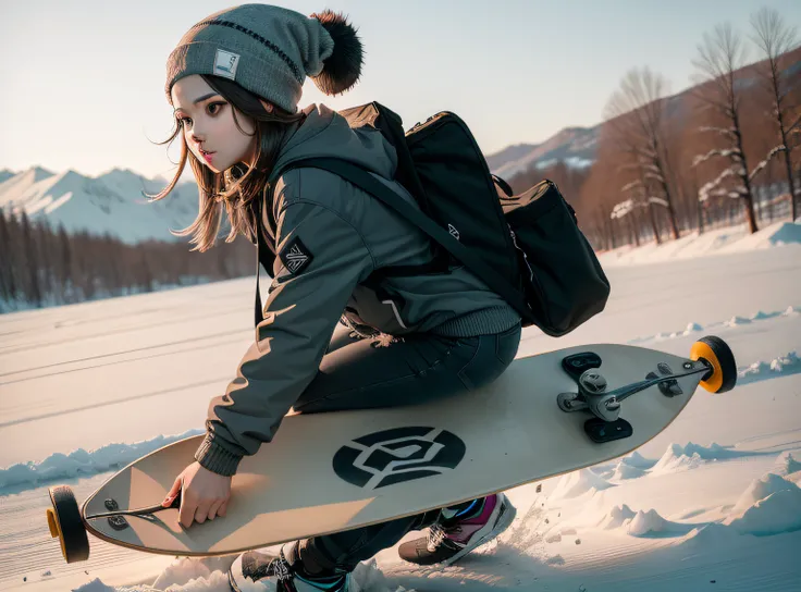 A young spotiv woman wearing a winter hat dressed in gray and black with a bag on an all-terrain skateboard speeding through a field