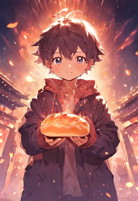 a cute little boy，Bread in hand。