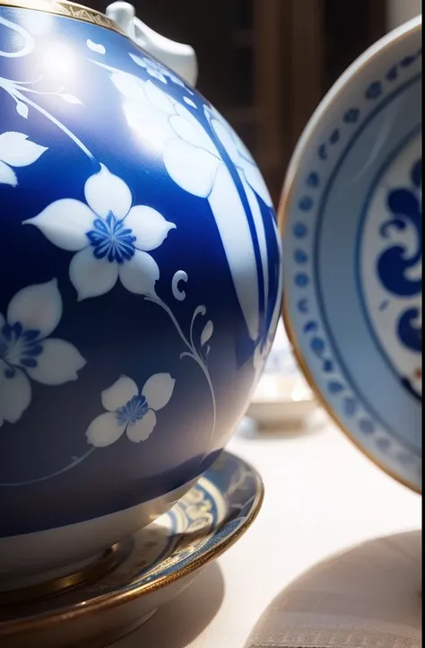 chinaware，Blue and white porcelain，Qing Xuantong blue and white porcelain，distinctive，Close-up of details，photorealestic，high saturated，plethora of colors，Dark pattern，dear，ornate motifs