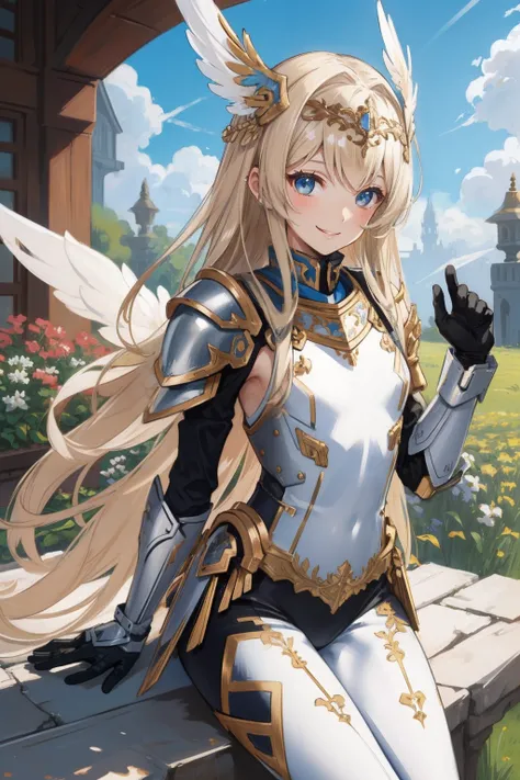 (​master piece, Best Quality),  Intricate details, valkyrie, (((Friendly smile))), Hand up, Looking at Viewer, Feather Headgear, Flower meadow, (((flat breast)))  on clouds, sitting
1 girl, Solo, Portrait, ash blond hair, drooping eyes, Single thigh, Indep...