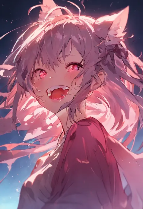 longeyelashes, light smile, ear blush, fang, streaked hair, beast ear, @ @, Titillating, kemonomimi mode, bite lips, Be red in the face, Nosebleeds, oral invitation, Surrealism, drop shadow, anaglyph, tachi-e, pov, atmospheric perspective, f/2.8, anime, an...