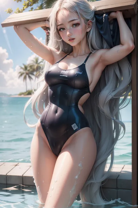 Medium-sized firm breasts exposed（Clear details），swimming uniform（colloid），perfectwaisttohipratio，Very long legs，Long hair with the wind，Wet all over，and the sun was shining brightly