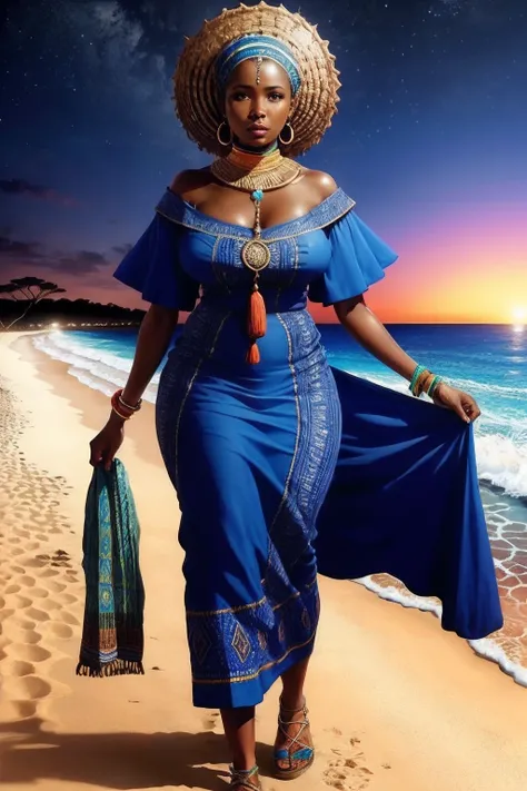 Deus feminino africano, Yemanja, Walking at night on an African beach, de costas, roupas africanas azul, anatomia perfeita, de noite, octan render, iza cantora