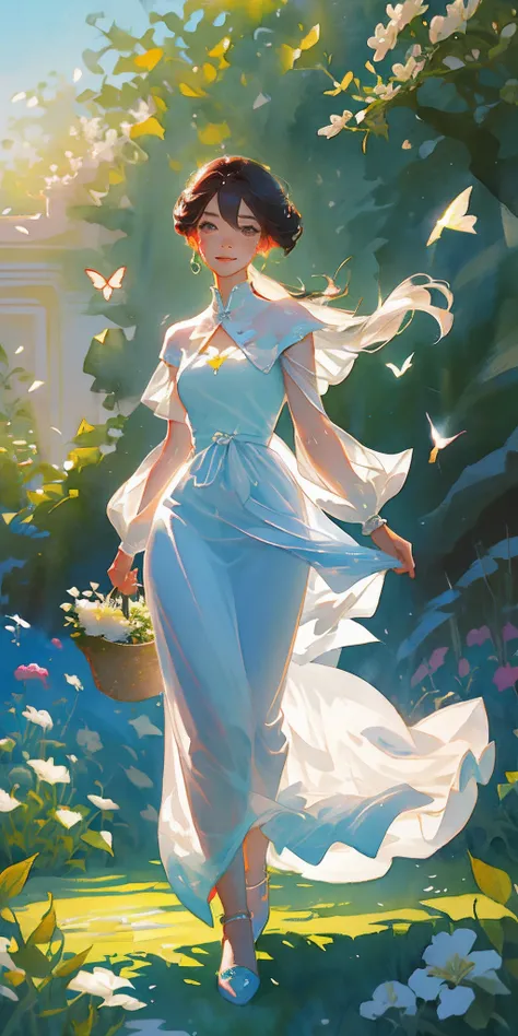 (tmasterpiece、top-quality、illustratio、Extremely high quality、high-level image quality、watercolor brushstrokes)Magic card girl Sakura in the garden、A slight smile、She has a large bouquet、Lovely dress、Hair fluttering in the wind